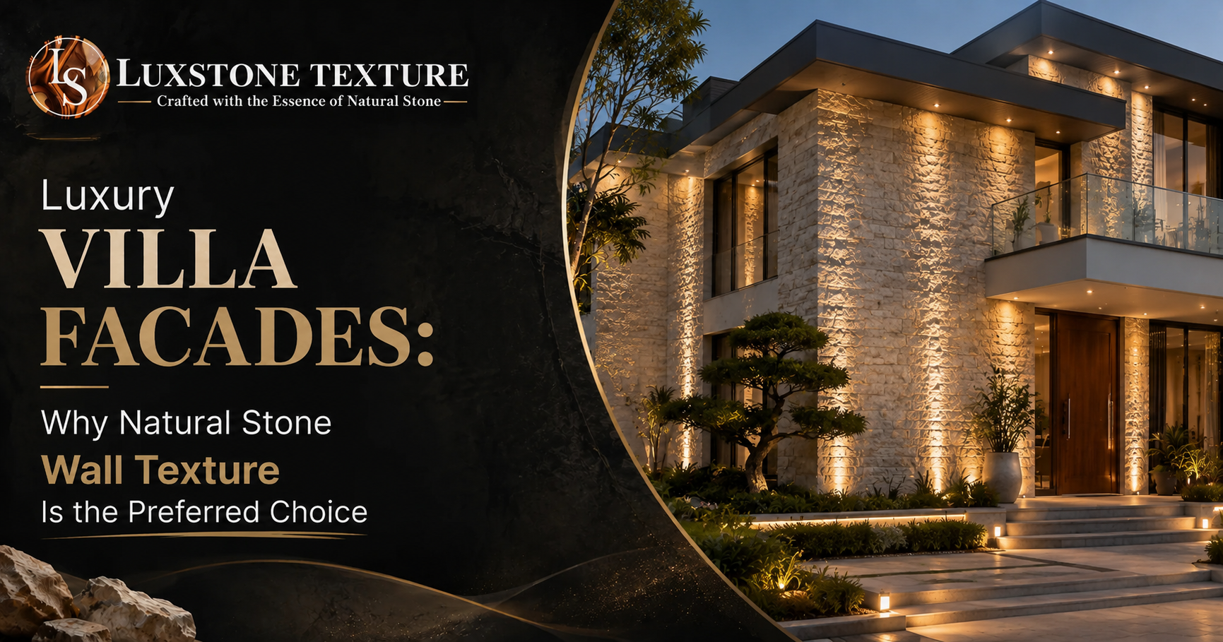 Luxury villa exterior facade clad in premium natural stone wall texture