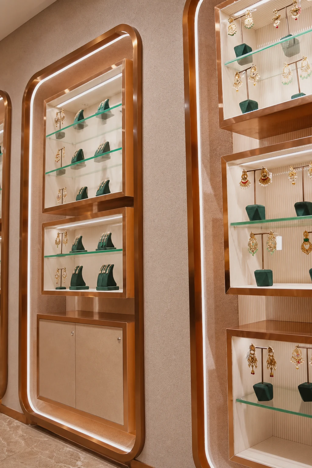 Warm jewellery showroom interior with textured walls and illuminated display niches
