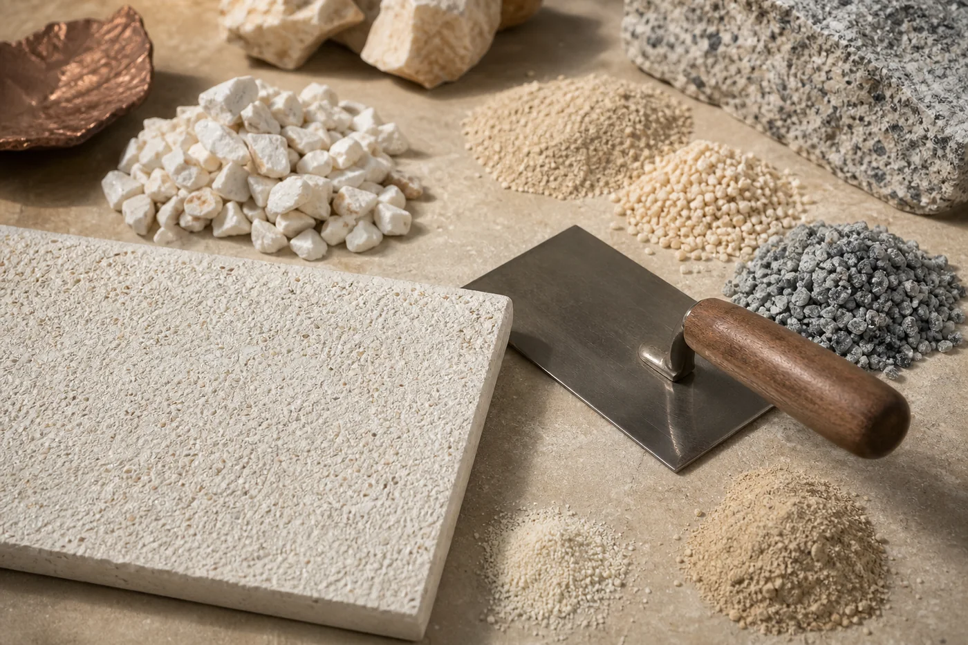 Natural stone minerals, texture sample and application trowel