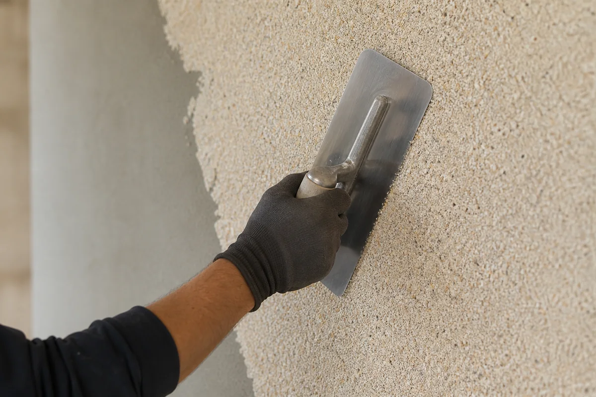 Natural mineral texture being applied with a steel trowel