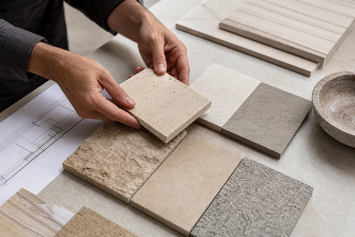 Selecting natural stone texture finish samples for a project